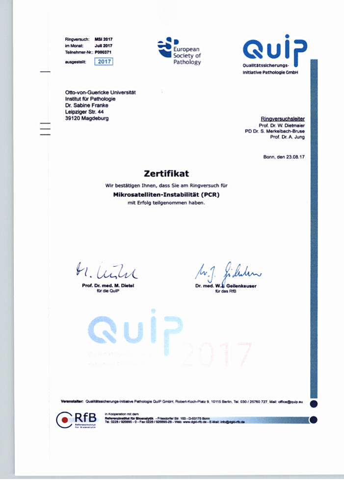 QuiP-Zertifikat Ringversuch Mikrosatelliteninstabilität - PCR