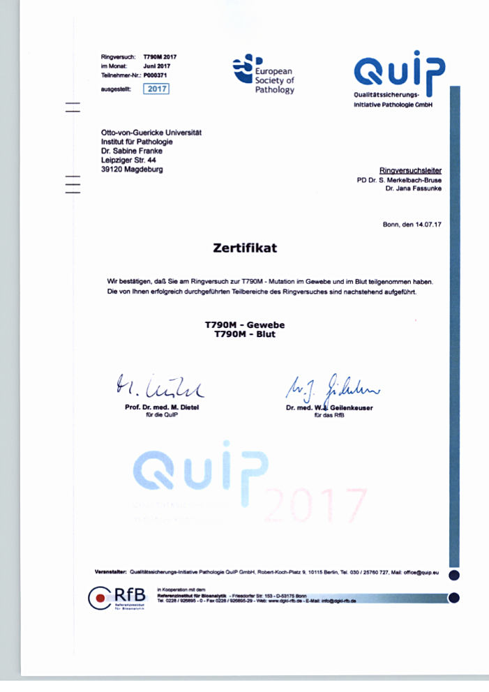QuiP-Zertifikat Ringversuch T790M Blut & T790M Gewebe